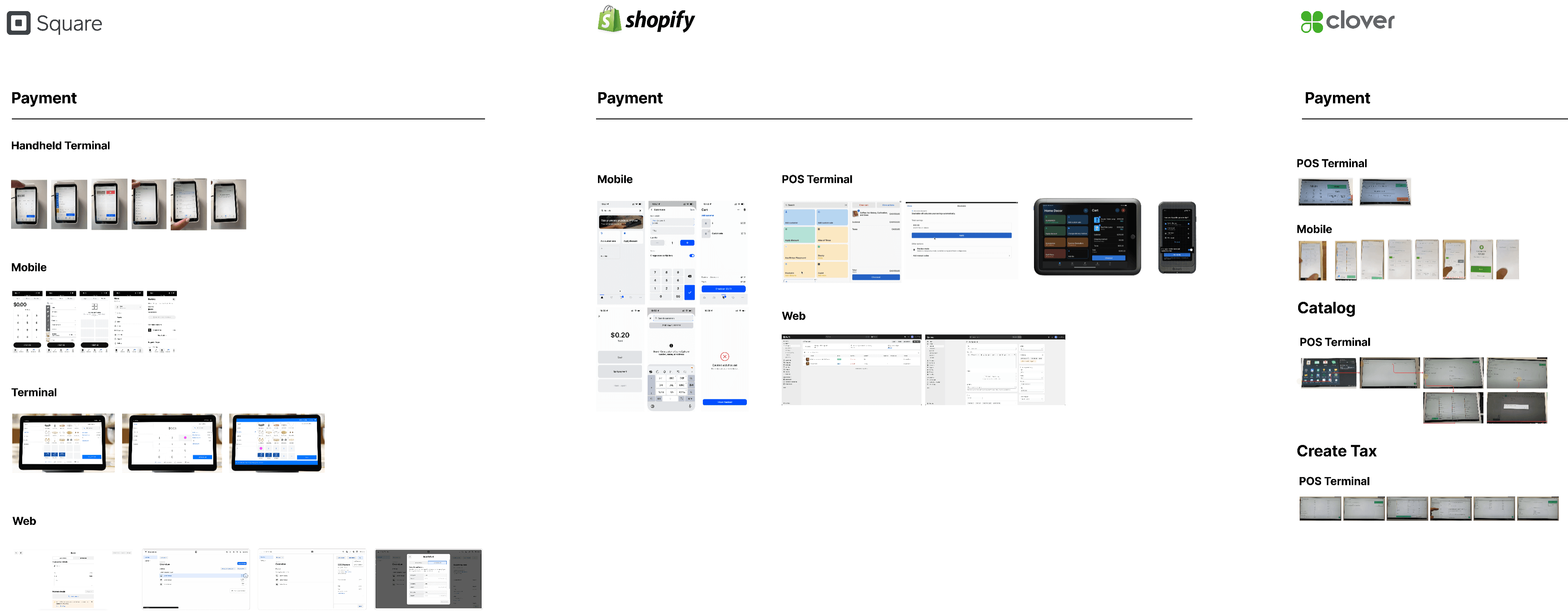 Figma boards used for Square, Shopify and Clover competitor research
