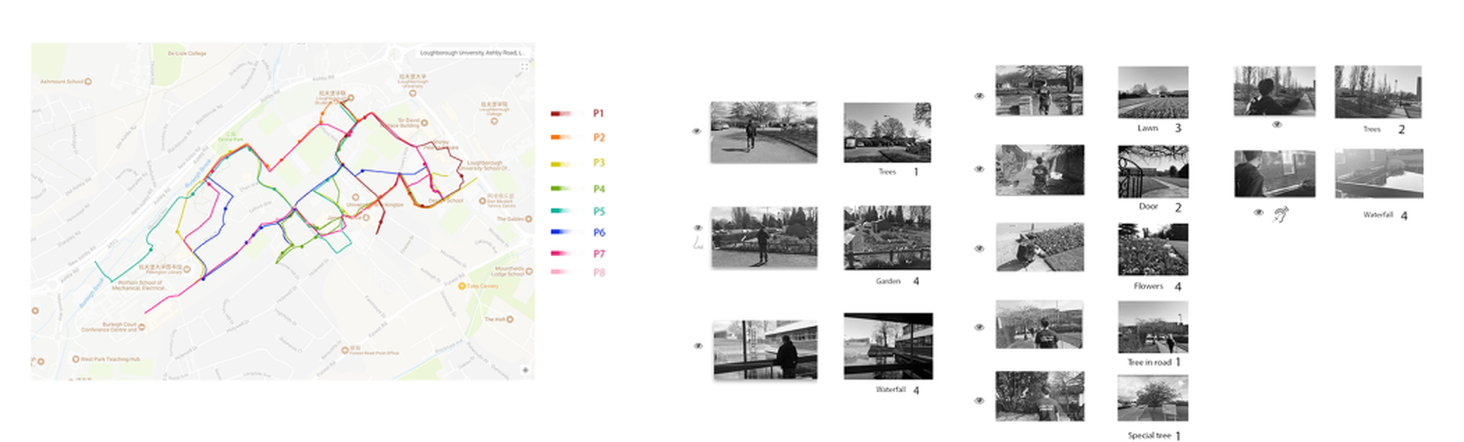 Participant routes and observations recorded around campus