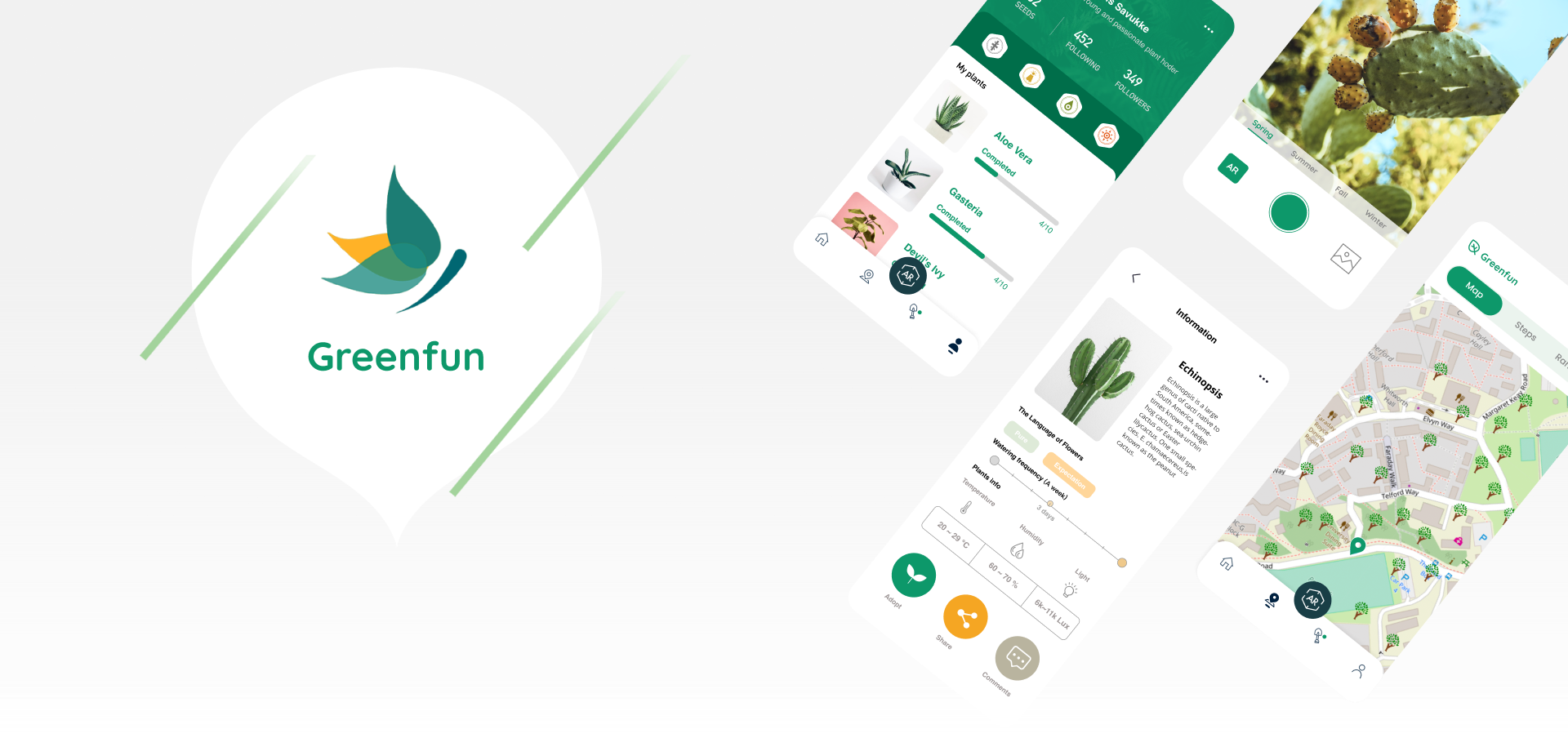 Greenfun logo and four mobile application screens