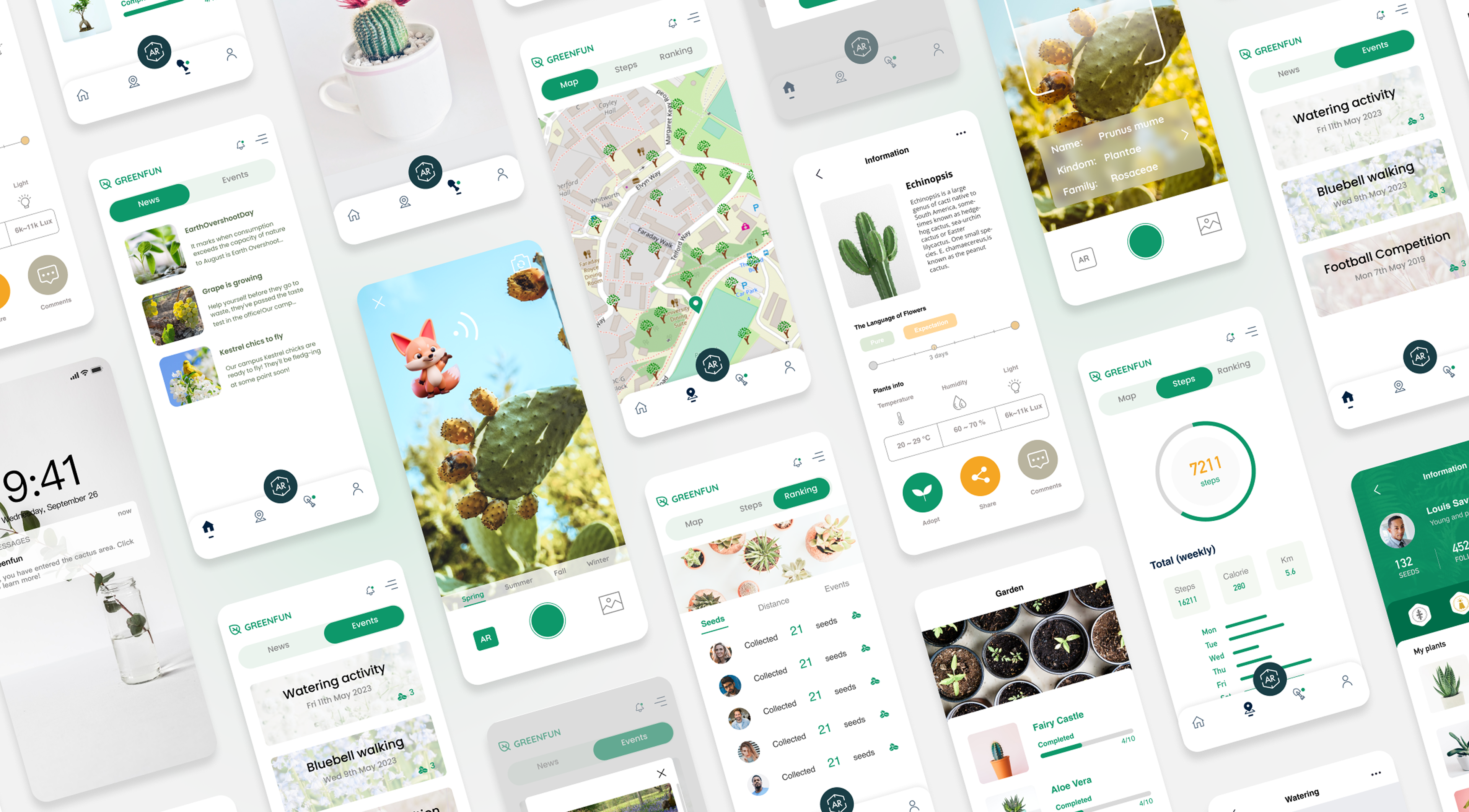 Greenfun high-fidelity interface showcase across news, events, AR, map, garden, and profile