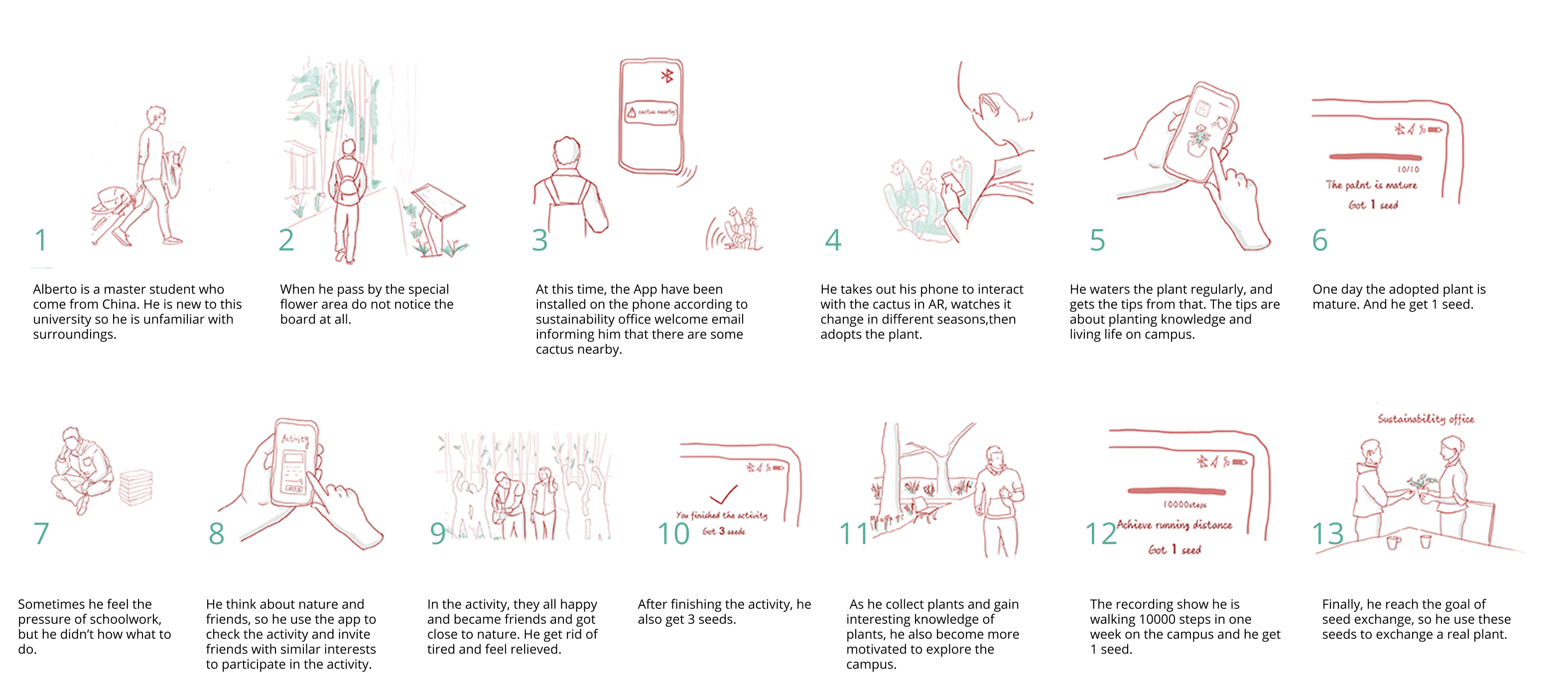 Thirteen-step storyboard showing Alberto discovering, adopting, caring for, and exchanging plants