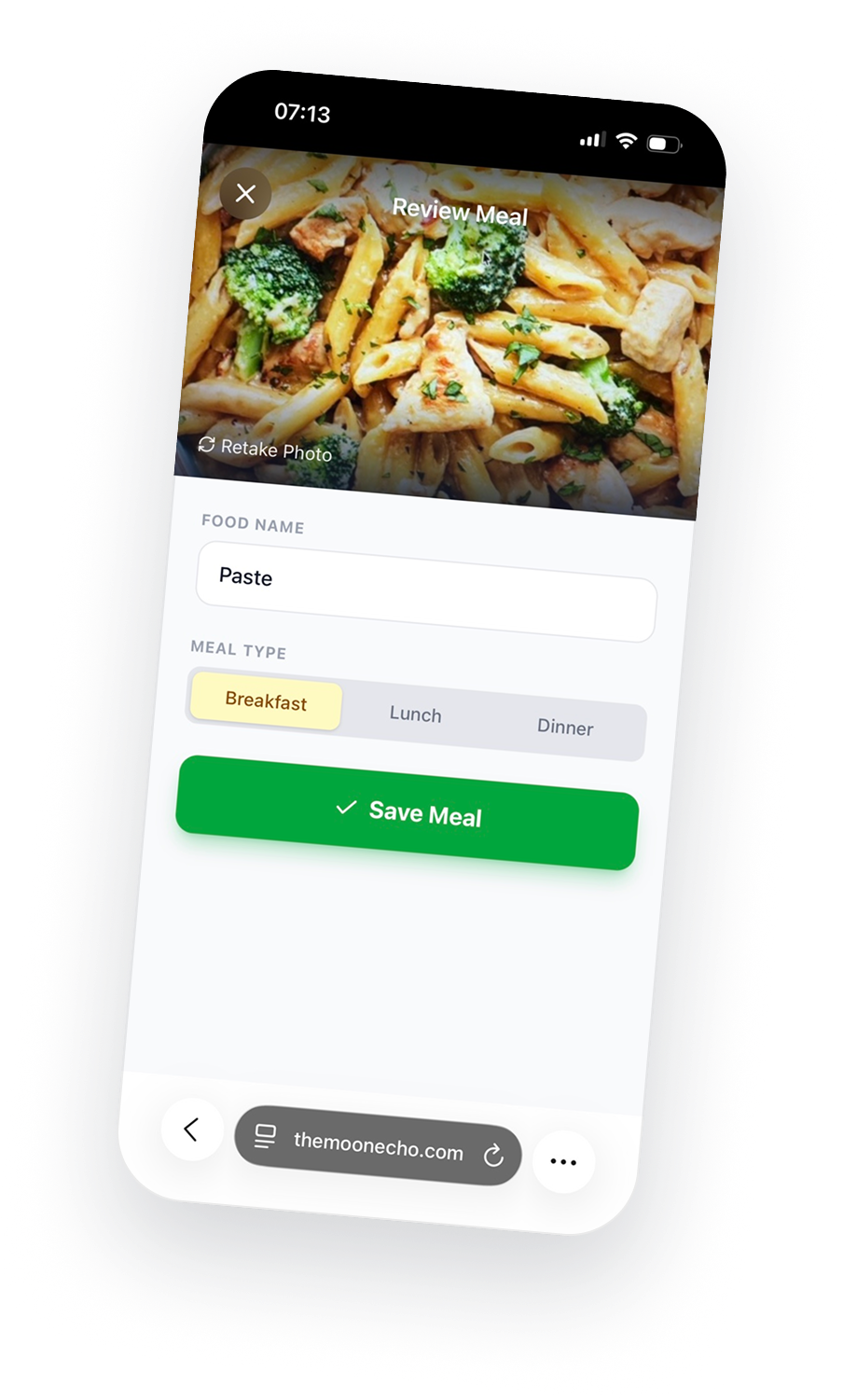 MoonEcho meal review screen