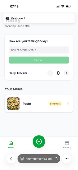 Saved meal on the home screen