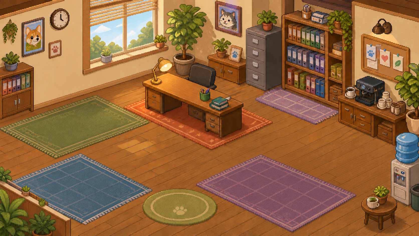 Pixel office before custom desks: empty rugs on the floor, a window, plants, and no agent workstations
