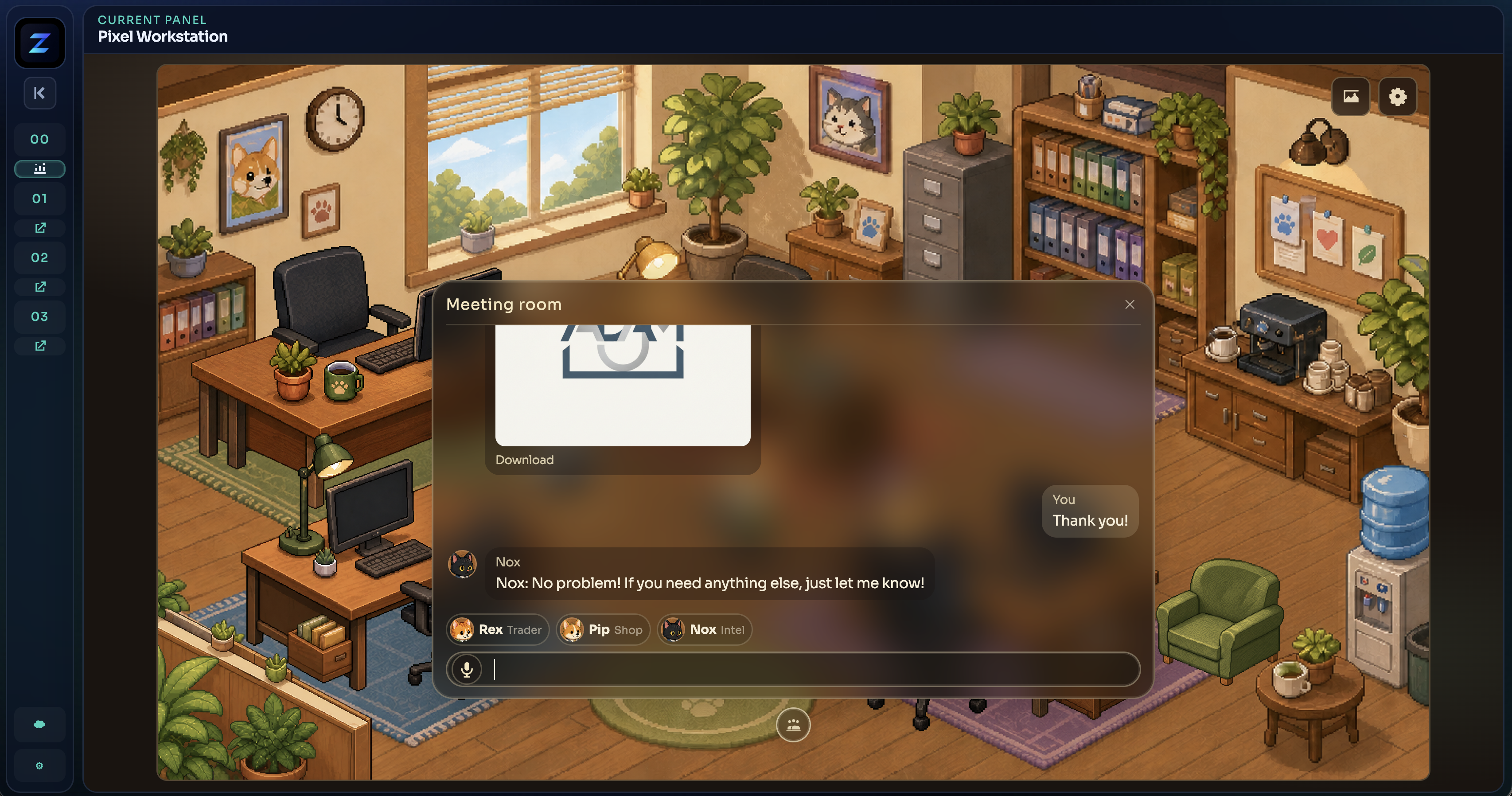 Meeting room overlay on the office: chat with Nox, Rex Pip and Nox in the roster