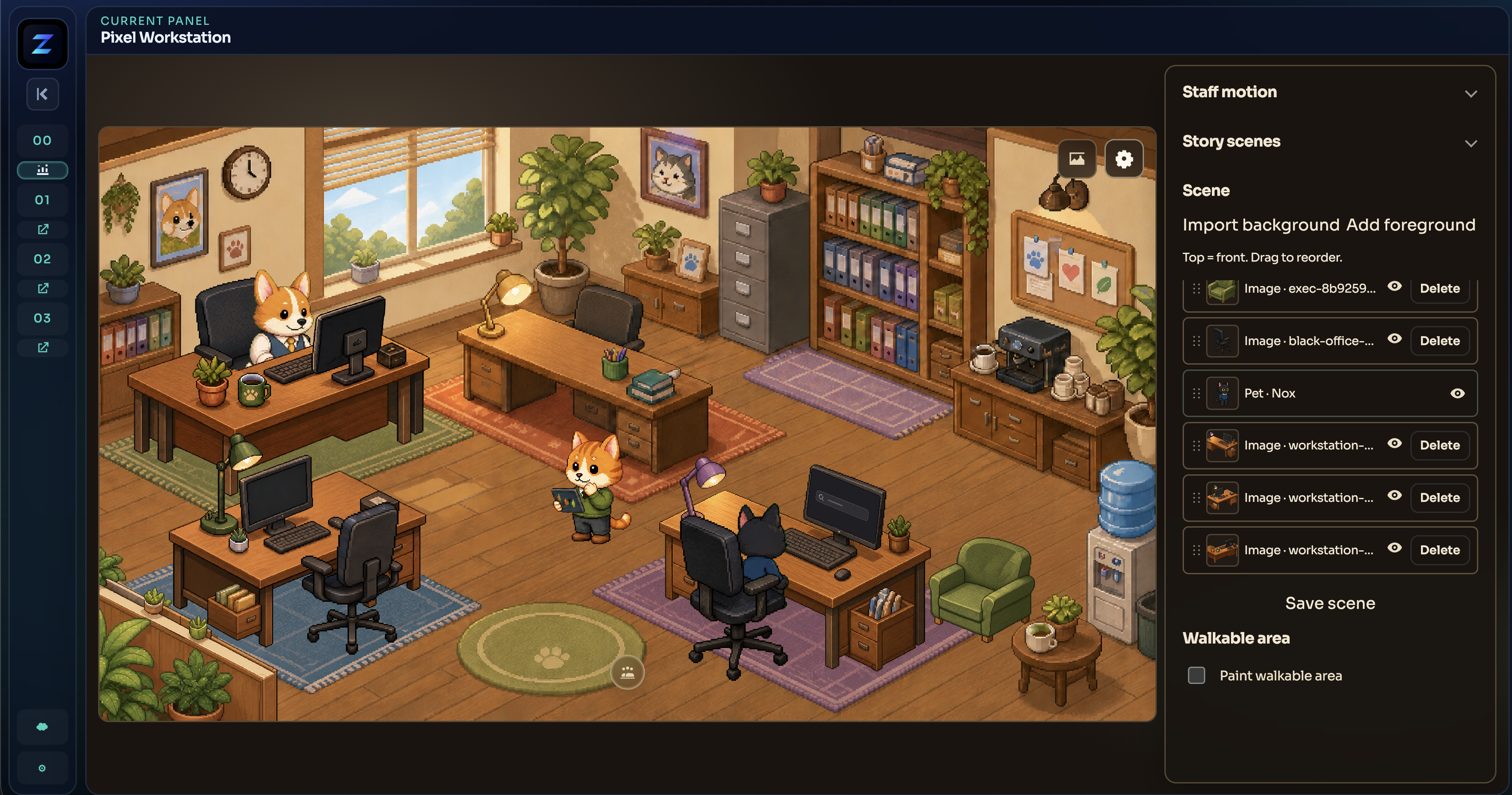 Pixel Workstation editor: isometric office on the left, scene and staff controls on the right
